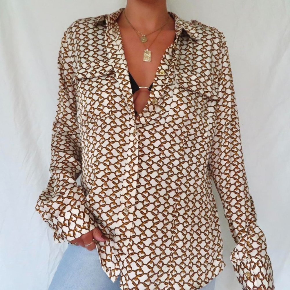 Michael Kors Size Large Chain White and Gold Button Up Top
